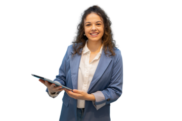 Smiling businesswoman holding tablet with transparent background