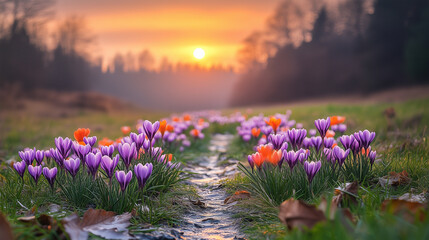 A close-up view of colorful crocuses blooming along a serene pathway, capturing the beauty of spring in a natural setting