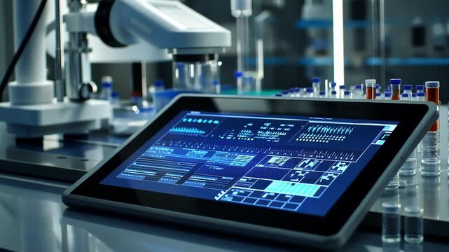 A medium closeup of a touchscreen interface displaying a digital compound library management system. The robotic unit looms in the background highlighting the interaction between human