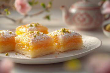 A beautifully arranged plate of Persian pastries with golden flaky layers, powdered sugar, and pistachio topping