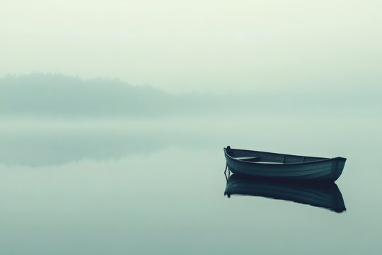 Tranquil boat rests on a misty lake at dawn. Generative AI - Powered by Adobe