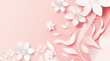 Elegant paper cut flowers and leaves in white against a soft pink background