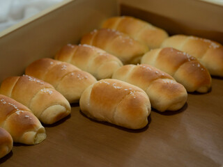Sat of Shio Pan in baking tray, good taste of fresh bun that soft and delicious after bake.
