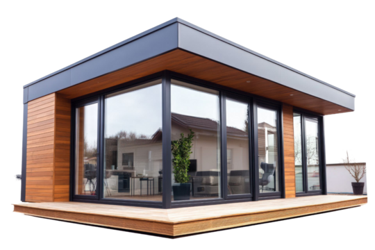 Modern building with large glass windows wooden paneling and transparent background