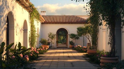 Naklejka premium Charming Mediterranean Courtyard with Pink Flowers and Warm Sunlight