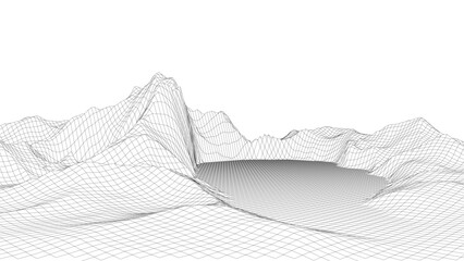 Wireframe landscape background. Detailed lines on white background. Vector illustration.