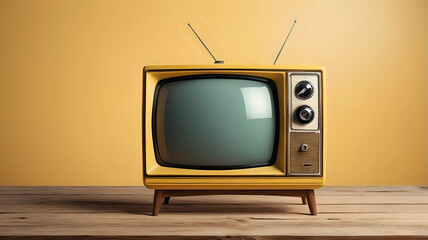 Retro television on old wooden table front gradient yellow background. Vintage style filtered photo