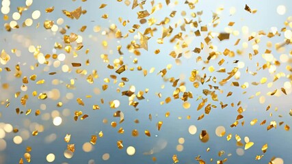 Glittering Gold Confetti Floating Against Soft Blue Background Celebrating Festivity Joyful Holiday Vibes with Light Sparkle Textured Abstract Pattern Perfect for Party Invitations or New Year Designs