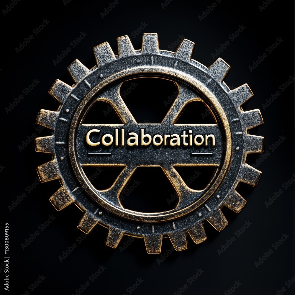 Poster collaboration in motion: a steampunk gear symbolizing teamwork and shared success, set against a min