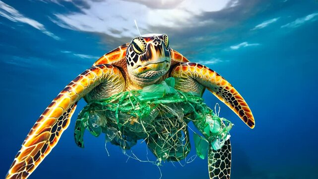 Sea turtle entangled ocean plastic pollution, swimming underwater, highlighting impact of pollution.