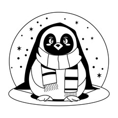 A glyph illustration of winter penguin wearing a scarf and holding blanking 