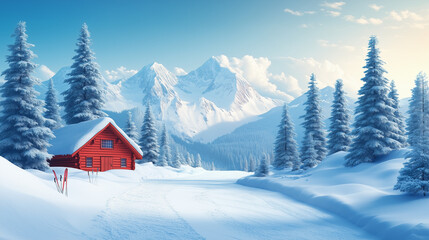 A cozy red cabin nestled in a snowy landscape, surrounded by tall evergreen trees and majestic mountains, evoking a winter wonderland
