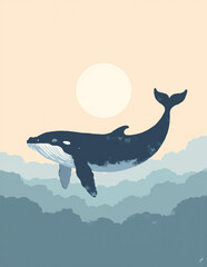 minimalist whale drifting in the sky art