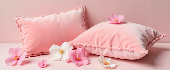 Soft pink pillows adorned with blossoms on pastel background, tranquil beauty