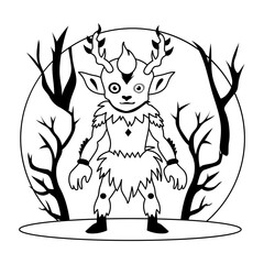A glyph illustration of horned creature standing in forest 