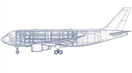 A blueprint illustration of an aircraft, showcasing its internal structure and design elements.