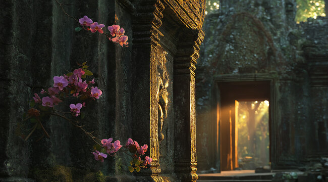 Angkor Wat at dawn, sunlight filtering through the temple’s sandstone arches, revealing moss-covered stones and blooming orchids. - Powered by Adobe