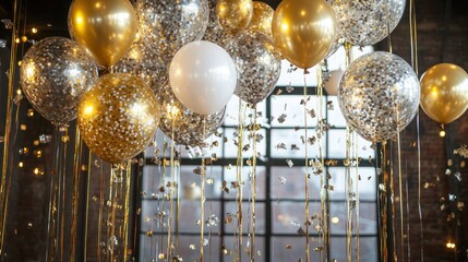 A cluster of gold, silver, and white balloons with gold confetti hanging from the ceiling,  in front of a large industrial window.