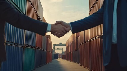 Business partners seal a deal in a shipping yard at sunset, symbolizing a bright future for their collaboration and success