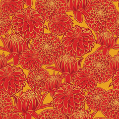 A seamless vector pattern of delicate line art dahlia flowers, leaves outlined in vibrant bright red, yellow lines on an isolated gold background