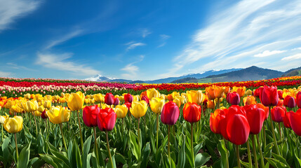 A magnificent tulip garden with a variety of vibrant colors, stretching across rolling hills under a brilliant blue sky.