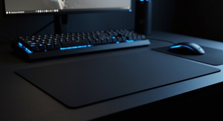 A sleek gaming setup features a black mouse pad, illuminated keyboard, and a high-resolution monitor in a dimly lit environment.