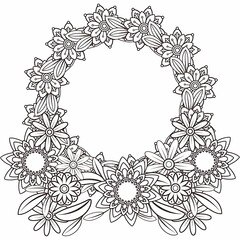 Hand drawn coloring full page mandala design  and floral background for coloring page.