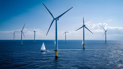 A majestic offshore wind farm with white sailboats passing between the rotating blades.
