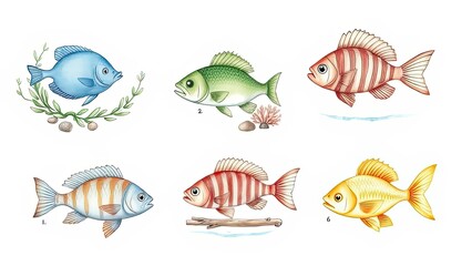 Fototapeta premium Colorful Fish Illustrations Marine Life Ocean Aquatic Animals Underwater World Sea Creatures