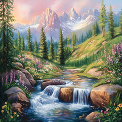 The painting depicts a tranquil mountain landscape with a clear stream flowing through a lush valley full of wild flowers