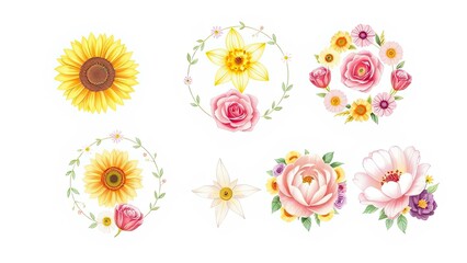 Fototapeta premium Watercolor Floral Designs Sunflowers Roses Daisies Wreath Spring Summer