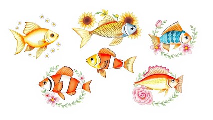 Fototapeta premium Colorful Fish with Flowers Watercolor Illustration Marine Life Aquatic Animals Floral Design