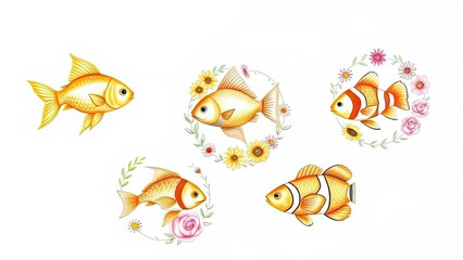 Colorful Fish with Flowers Goldfish Clownfish Aquatic Life Floral Design Illustration