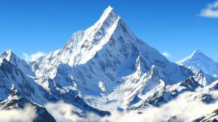 Obraz premium Breathtaking panoramic view of Ama Dablam mountain in the Himalayas with snow-covered peaks and a clear blue sky. High-resolution wide-angle shot capturing the majestic alpine landscape with crisp det