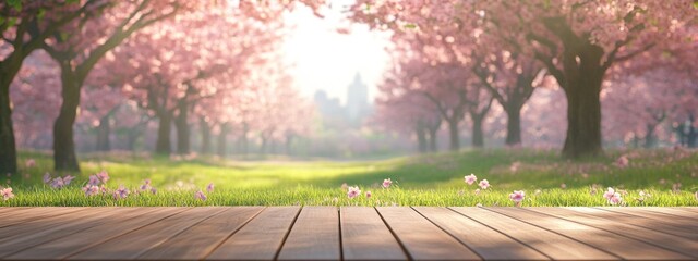 Obraz premium Peaceful Spring Landscape with Cherry Blossoms and Wooden Deck