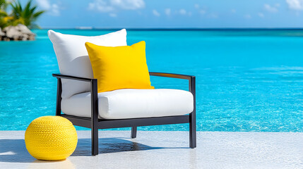 Fototapeta premium Poolside chair, sunny ocean view