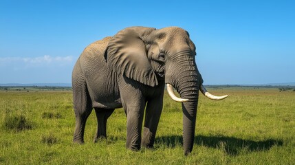 Obraz premium Majestic african elephant in plains under clear blue sky