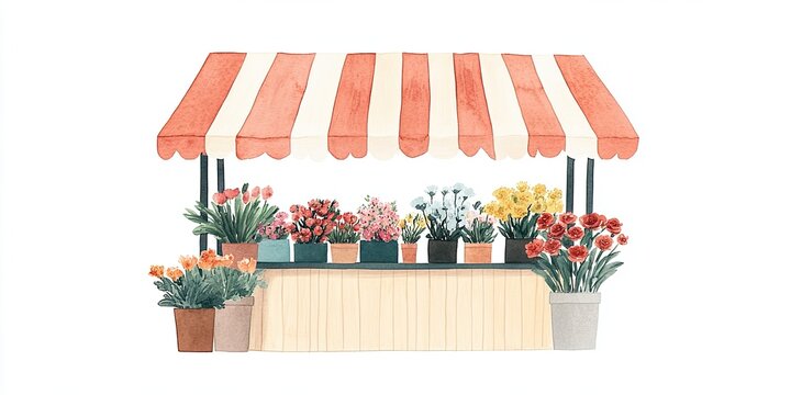 Illustration of a florist stand with awning, watercolor paper texture, isolated on a white background