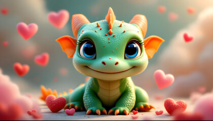 Adorable Baby Dragon Surrounded by Hearts