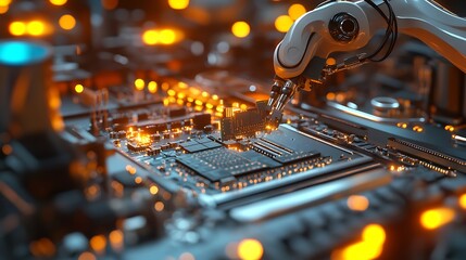 A detailed close-up of a robotic arm placing microchips onto a motherboard in a modern industrial assembly line, with glowing lights and intricate circuitry