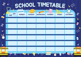 School timetable template with cartoon school supplies style. Back to school schedule for kids.