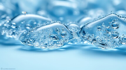 A close-up view of a cluster of crystal-clear ice cubes resting on a smooth, vibrant blue surface, showcasing their intricate textures and reflections, creating a refreshing visual appeal.