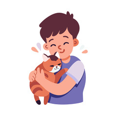 boy is hugging cat with joy and affection