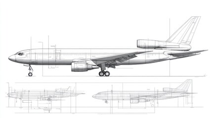 Technical blueprint of an aircraft showcasing side, top, and front views.