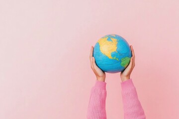 Female hands holding a globe against a pastel pink background, symbolizing global awareness, connection, and environmental responsibility, emphasizing diverse unity