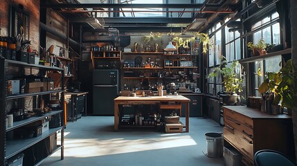 Interior Studio Workspace with Shelves and Windows Filled with Light