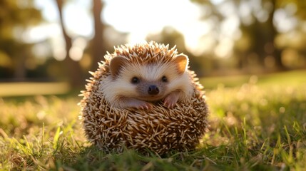 Adorable hedgehog curled up in sunlit grass outdoors