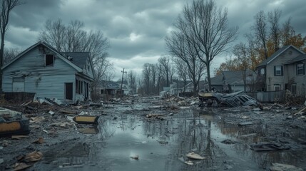 Desolate street scene after a natural disaster, showing damaged houses and debris-strewn floodwaters under a cloudy sky.