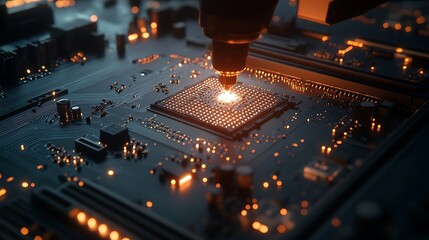 A detailed view of soldering points on a motherboard being completed by a high-precision robotic laser under cool industrial lighting