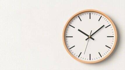 Round analog clock on white wall, Product Shot